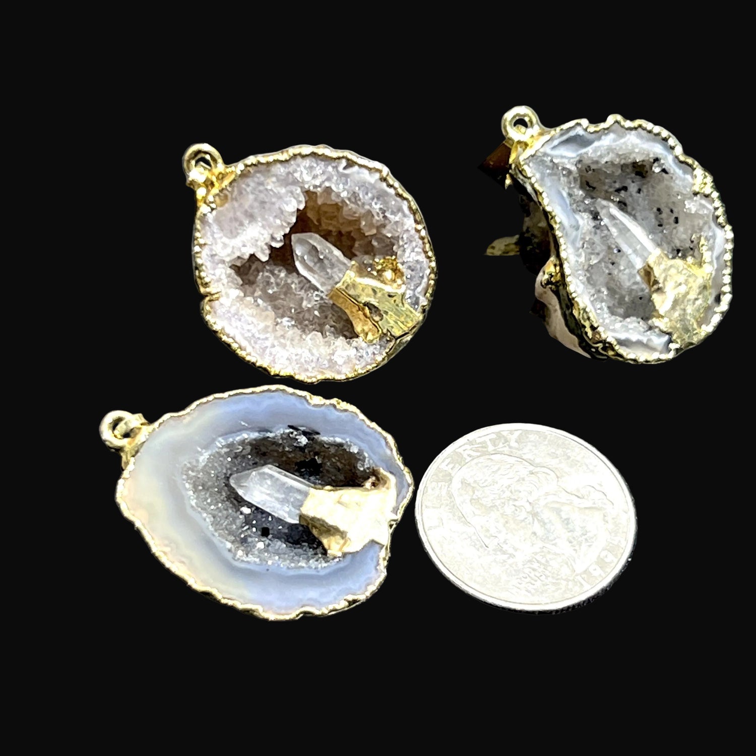 Druzy Agate Pendants with Quartz Crystals