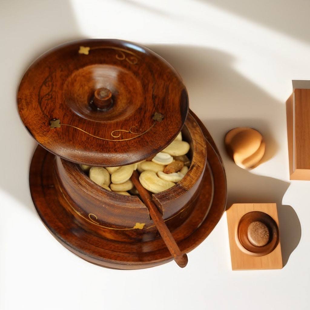 Handcrafted Wooden Sugar Pot 3 pieces Carved with Brass | Seasoning Jar | Spice Container