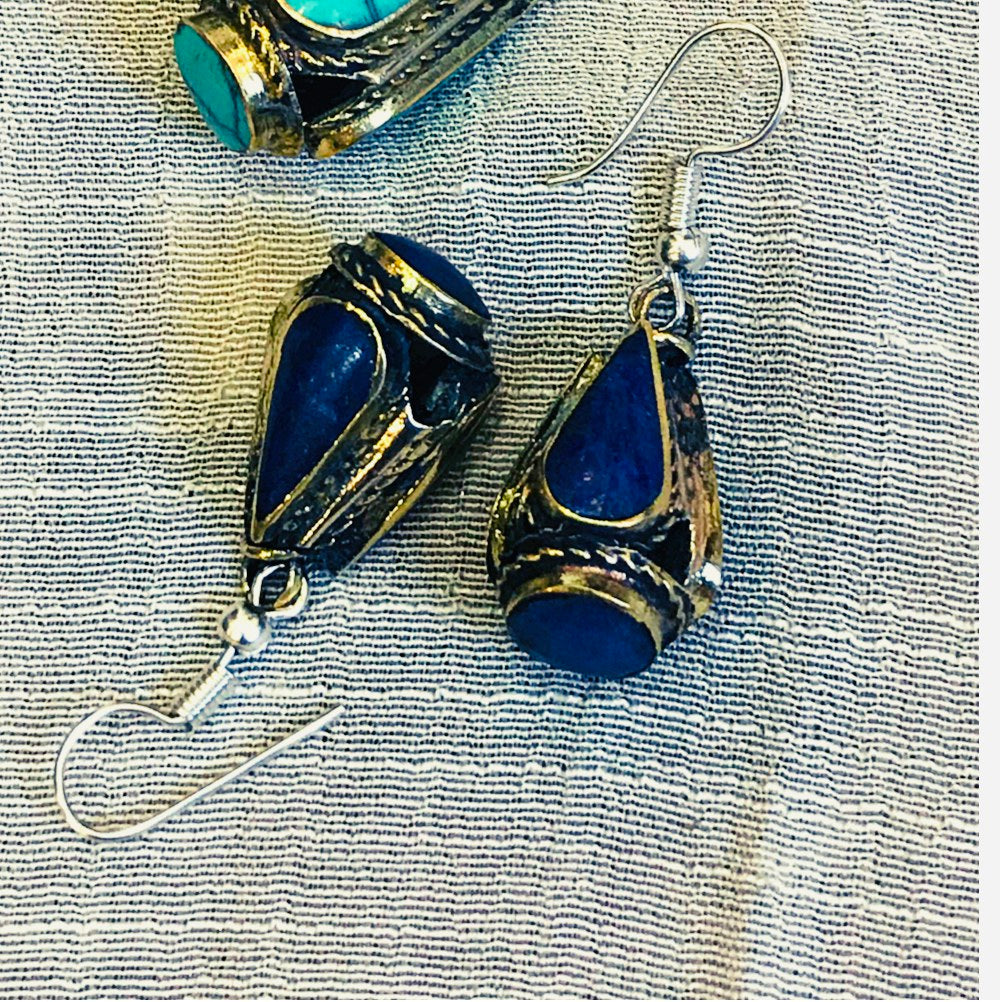 Antique kuchi gypsy tribal natural lapis and synthetic turquoise earrings