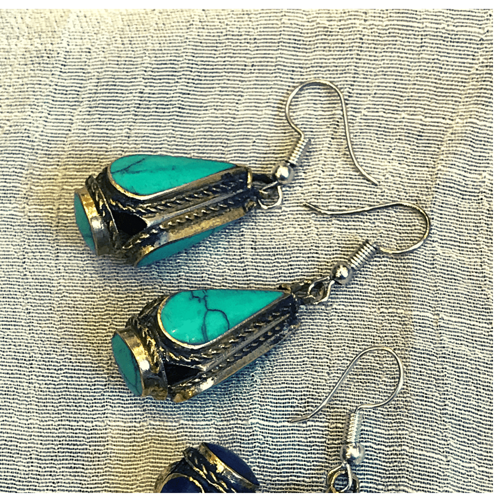 Antique kuchi gypsy tribal natural lapis and synthetic turquoise earrings